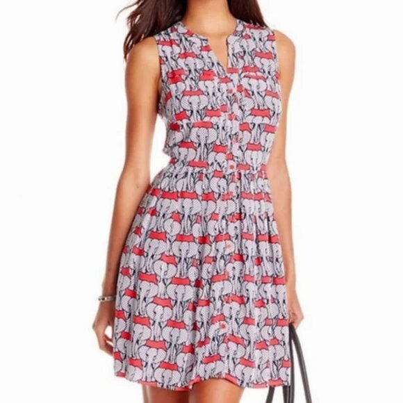 Crown & Ivy Pink Elephant Print Fit & Flare Dress Retro Mod Novelty Casual M (8) - Picture 1 of 5